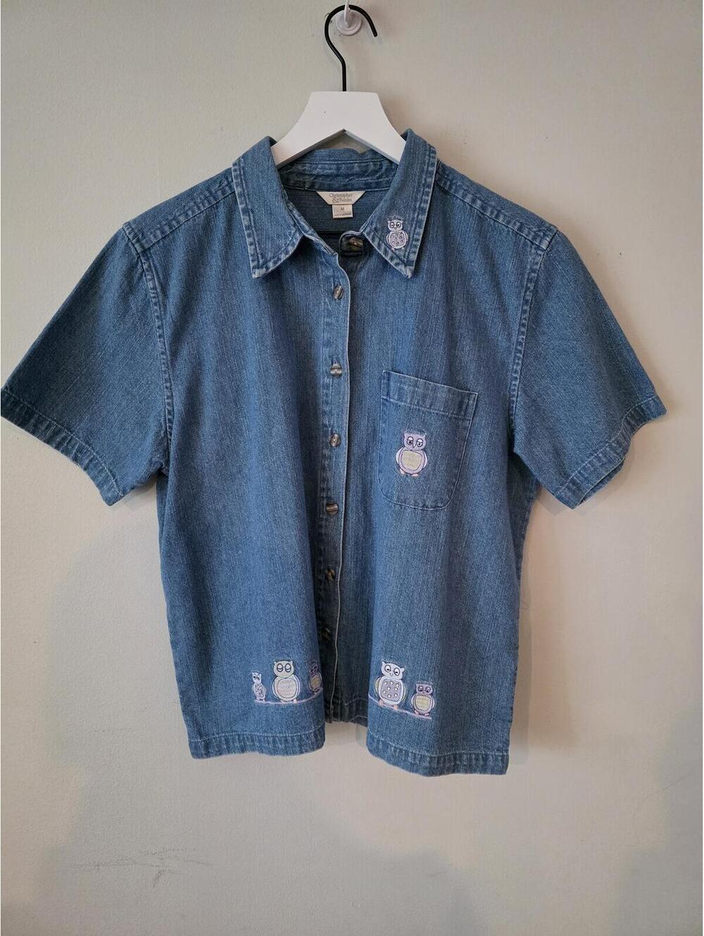 Christopher & Banks Owl Embroidered Denim Shirt Short Sleeve Blue Jean Top M